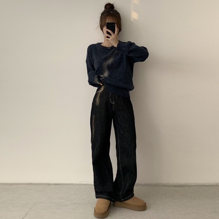 에리카 봄옷 라운드 램스울 긴팔 허리잘록 무지 데일리 베이직 오버핏 니트 곤색