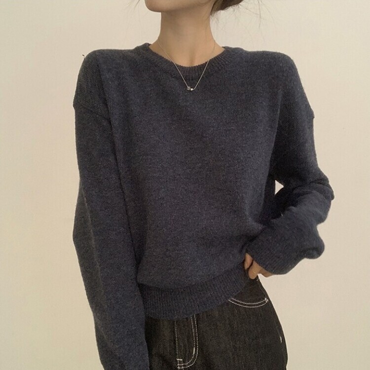 에리카 봄옷 라운드 램스울 긴팔 허리잘록 무지 데일리 베이직 오버핏 니트 곤색