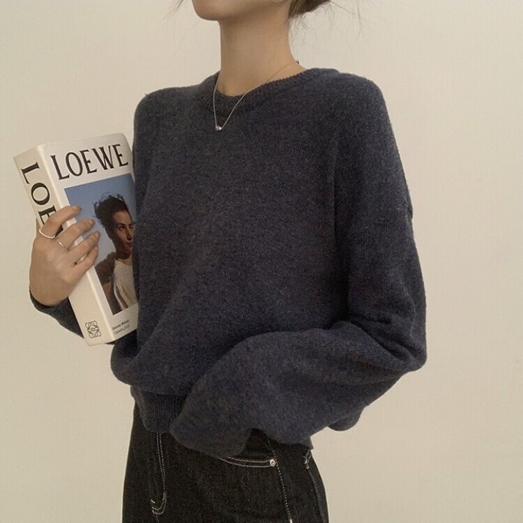 에리카 봄옷 라운드 램스울 긴팔 허리잘록 무지 데일리 베이직 오버핏 니트 곤색