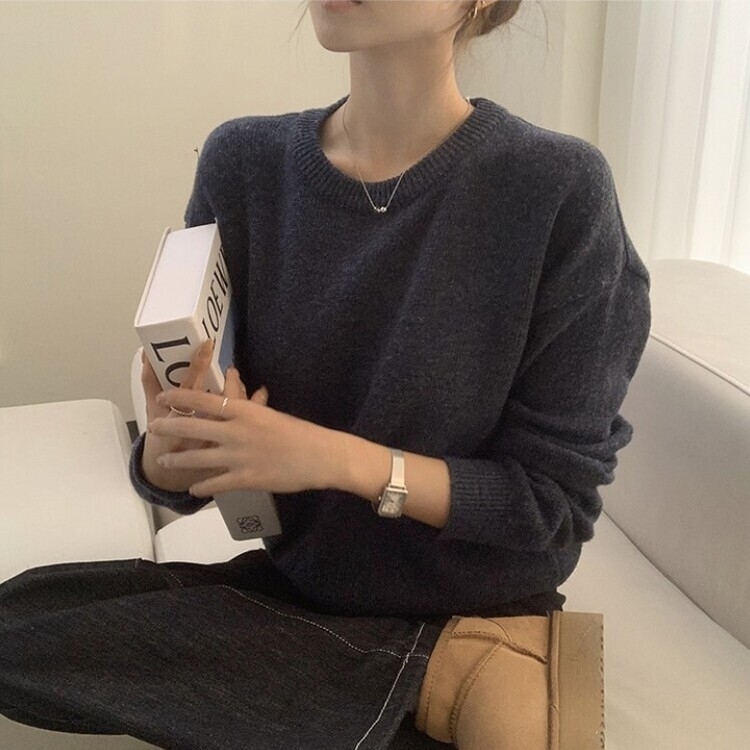 에리카 봄옷 라운드 램스울 긴팔 허리잘록 무지 데일리 베이직 오버핏 니트 곤색