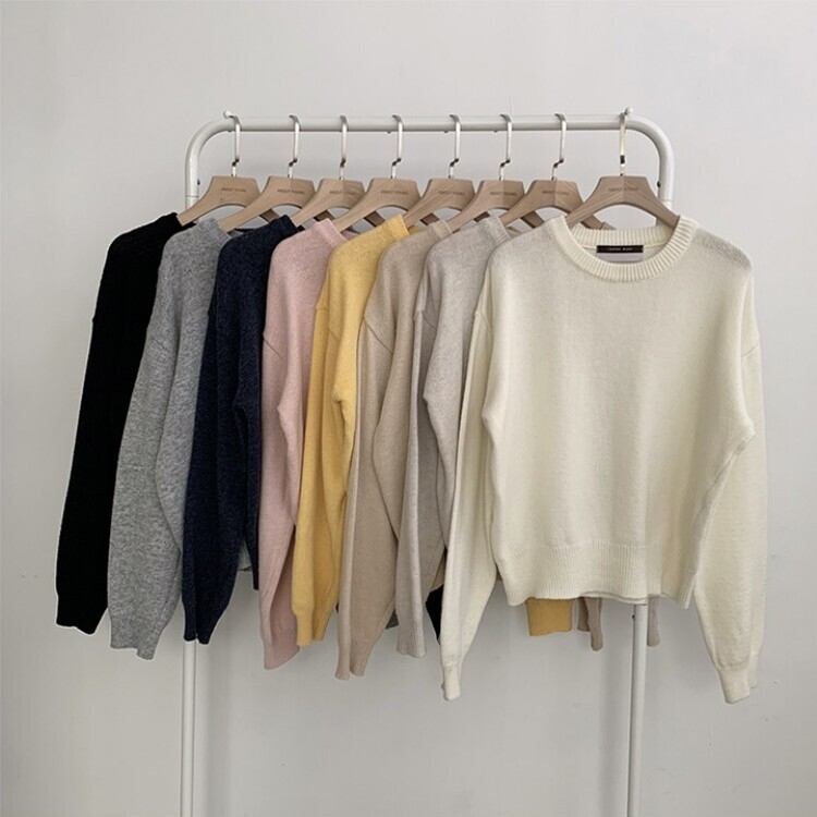 에리카 봄옷 라운드 램스울 긴팔 허리잘록 무지 데일리 베이직 오버핏 니트