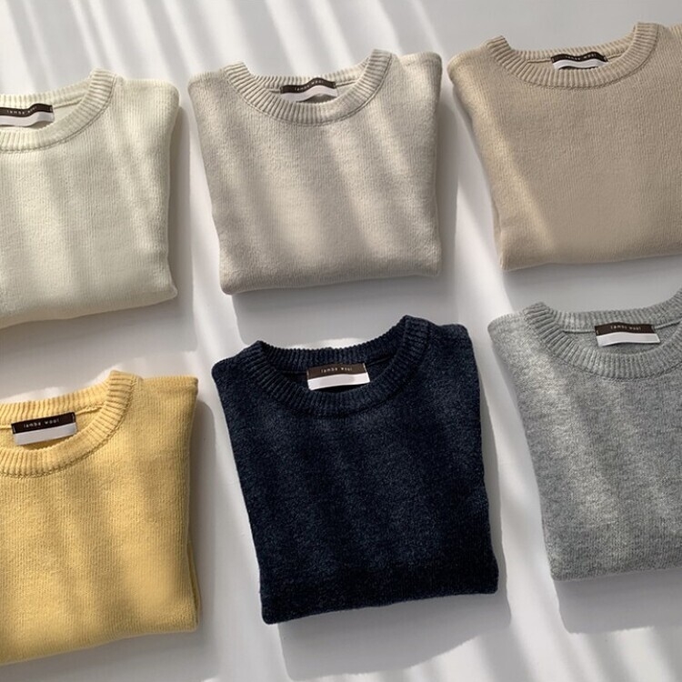 에리카 봄옷 라운드 램스울 긴팔 허리잘록 무지 데일리 베이직 오버핏 니트