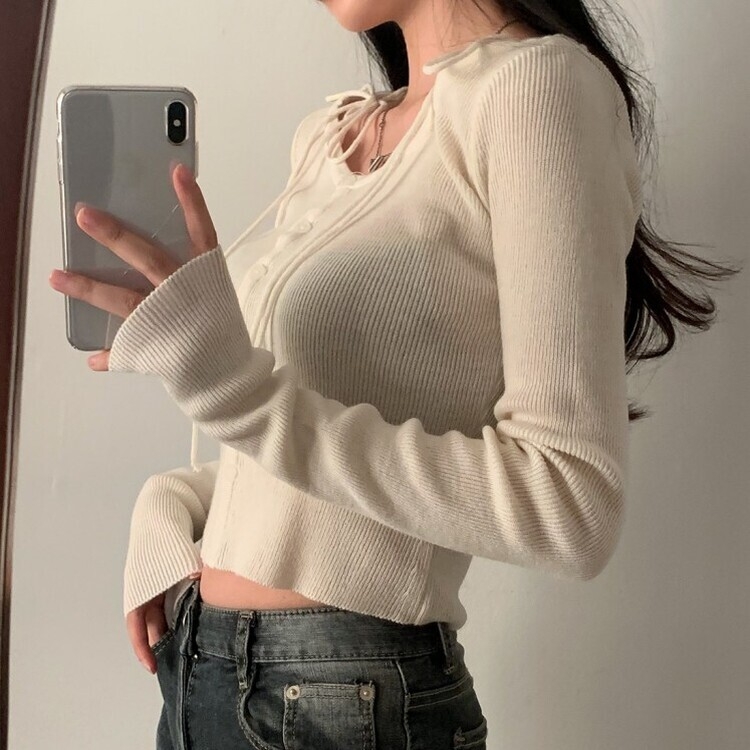 リボンスリムニットカーディガン CREAM