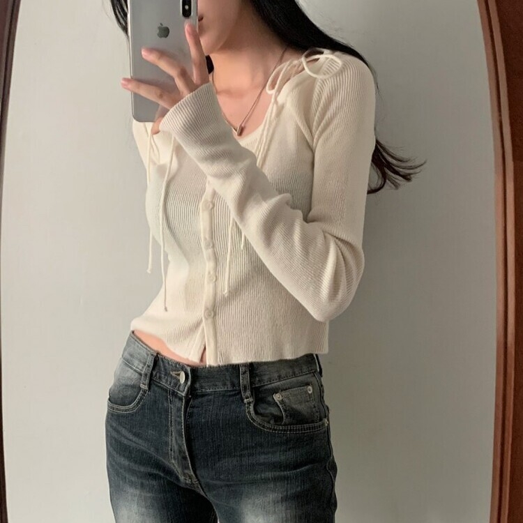 リボンスリムニットカーディガン CREAM