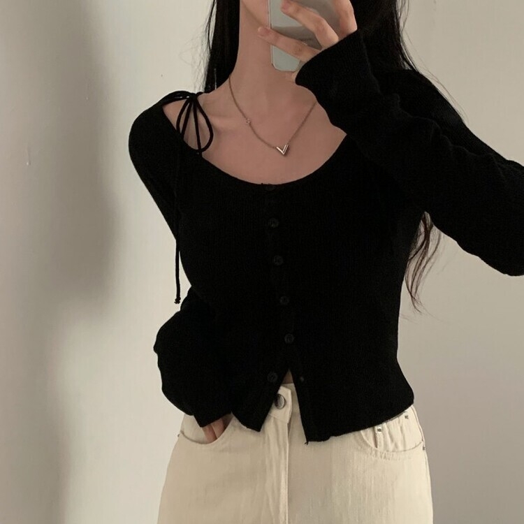 リボンスリムニットカーディガン BLACK