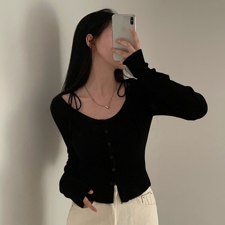 リボンスリムニットカーディガン BLACK