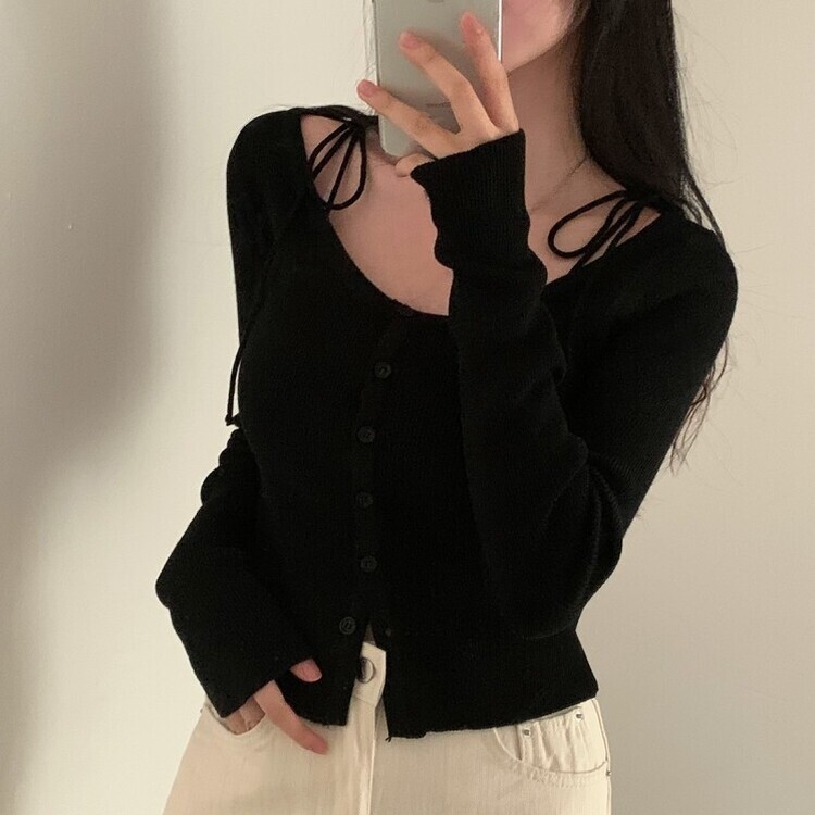 リボンスリムニットカーディガン BLACK