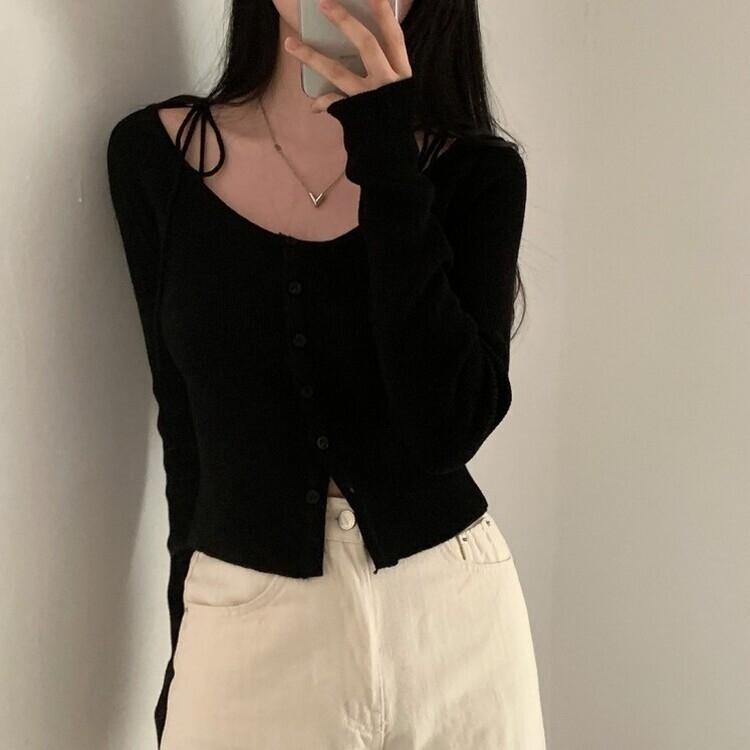 リボンスリムニットカーディガン BLACK