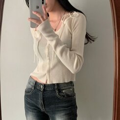 リボンスリムニットカーディガン CREAM