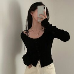 リボンスリムニットカーディガン BLACK