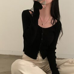 リボンスリムニットカーディガン BLACK