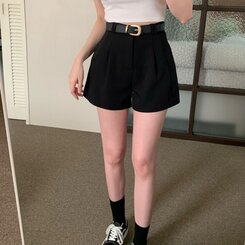 ショートパンツ 【SET】スラックショートパンツ+ベルト BLACK