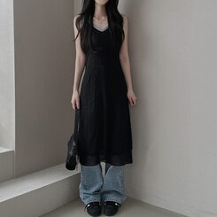 ロングワンピース シースルーレイヤーワンピース BLACK