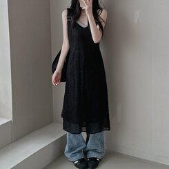 ロングワンピース シースルーレイヤーワンピース BLACK