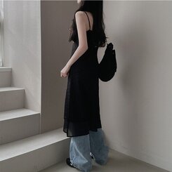 ロングワンピース シースルーレイヤーワンピース BLACK