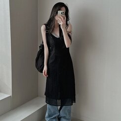 ロングワンピース シースルーレイヤーワンピース BLACK