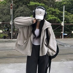 オーバーフィットフードウィンドブレーカー GRAY