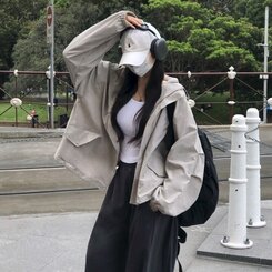 オーバーフィットフードウィンドブレーカー GRAY