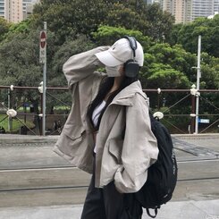 オーバーフィットフードウィンドブレーカー GRAY