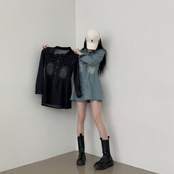 ツーピンタックデニムミニワンピース｜ミニワンピース｜韓国