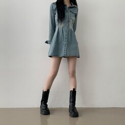 ツーピンタックデニムミニワンピース｜ミニワンピース｜韓国