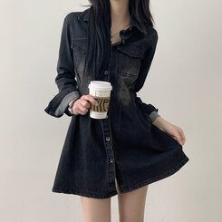 ツーピンタックデニムミニワンピース｜ミニワンピース｜韓国