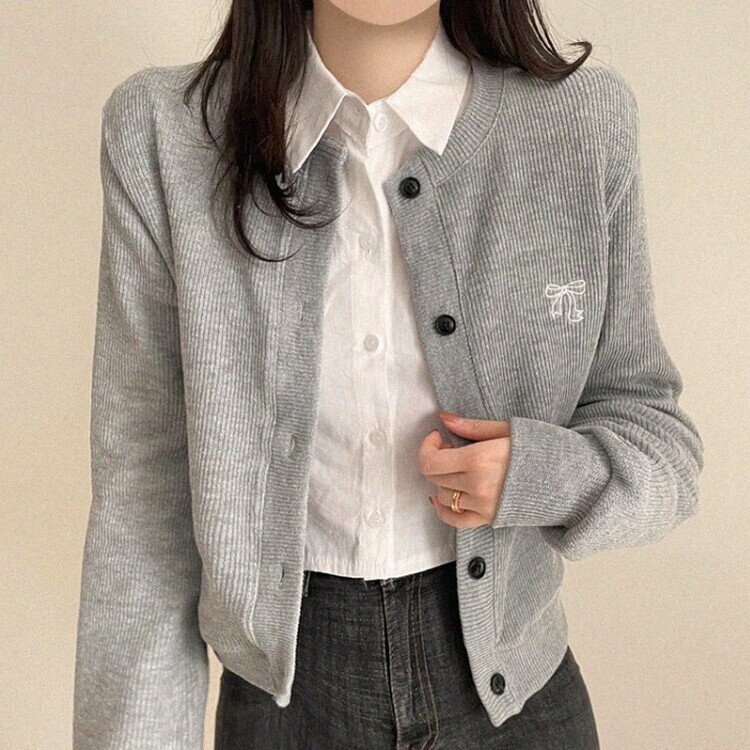 リボン刺繍リブニットカーディガン｜カーディガン｜韓国ファッション