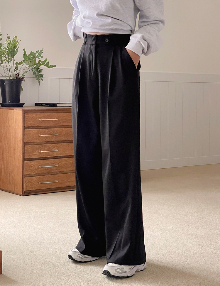 (S~2XL, 숏/기본/롱) 완전편한 차르르 투핀턱 하이웨스트 팬츠 와이드 슬랙스 블랙