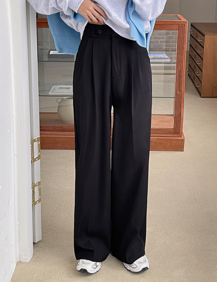 (S~2XL, 숏/기본/롱) 완전편한 차르르 투핀턱 하이웨스트 팬츠 와이드 슬랙스 블랙