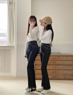 (S~2XL, 숏/기본/롱) 슬림해보이는 생지 스티치 부츠컷 데님 팬츠 딥블루