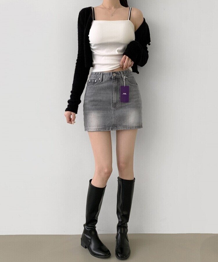 2XL데이트 빈티지 스판 속바지 데님 스커트 그레이