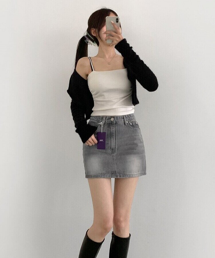 2XL데이트 빈티지 스판 속바지 데님 스커트 그레이