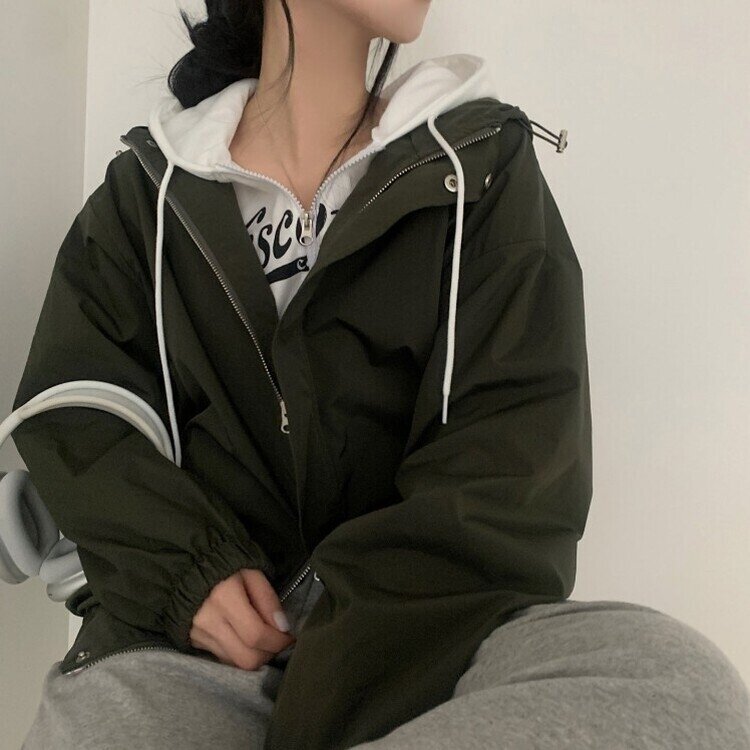 스냅 버튼 투웨이 후드야상 바람막이 집업점퍼 2color 카키