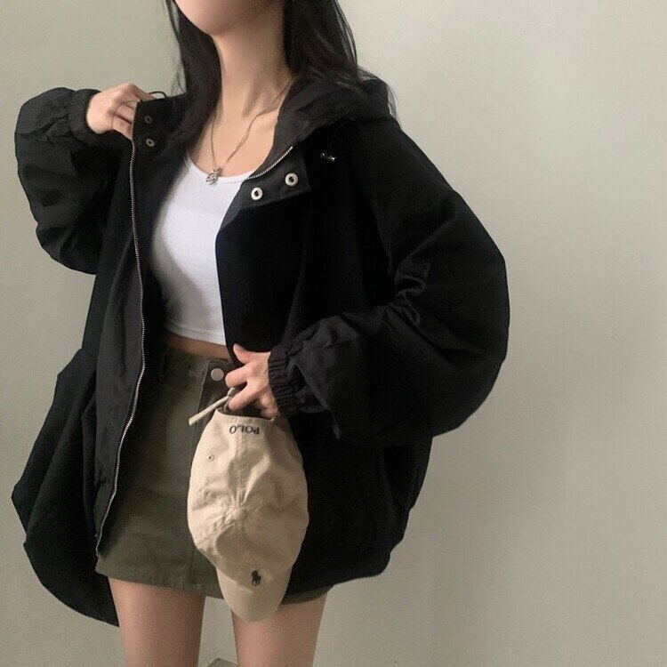 스냅 버튼 투웨이 후드야상 바람막이 집업점퍼 2color 블랙