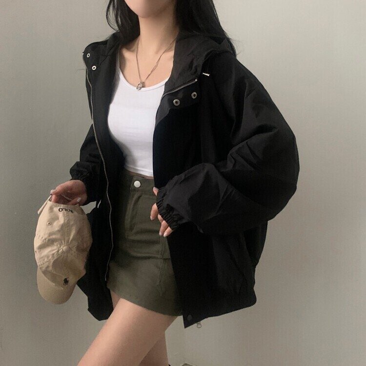 스냅 버튼 투웨이 후드야상 바람막이 집업점퍼 2color 블랙