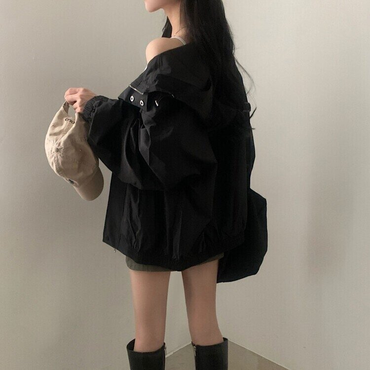 스냅 버튼 투웨이 후드야상 바람막이 집업점퍼 2color 블랙