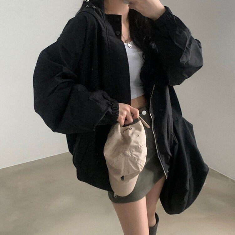 스냅 버튼 투웨이 후드야상 바람막이 집업점퍼 2color 블랙