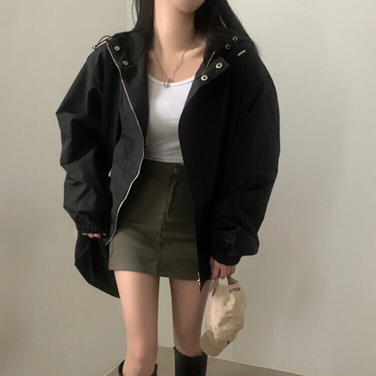 스냅 버튼 투웨이 후드야상 바람막이 집업점퍼 2color 블랙