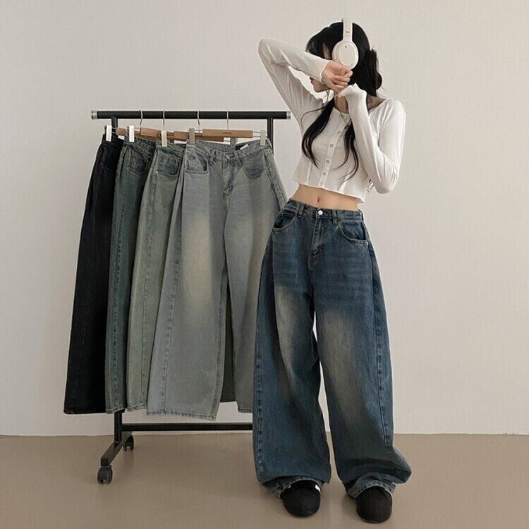 롱숏 선택 가능 맥스 옆핀턱 벌룬 와이드 데님 팬츠 진청