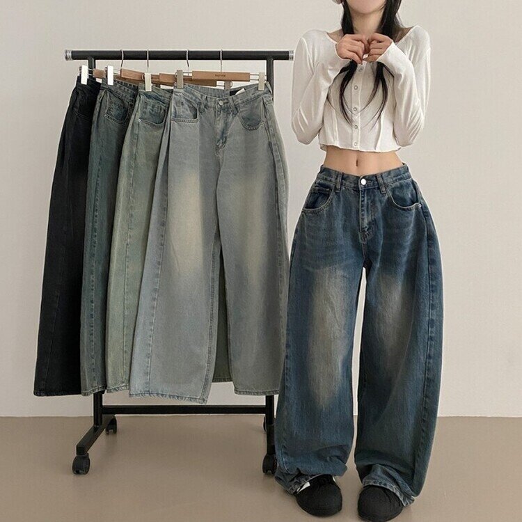 롱숏 선택 가능 맥스 옆핀턱 벌룬 와이드 데님 팬츠 진청