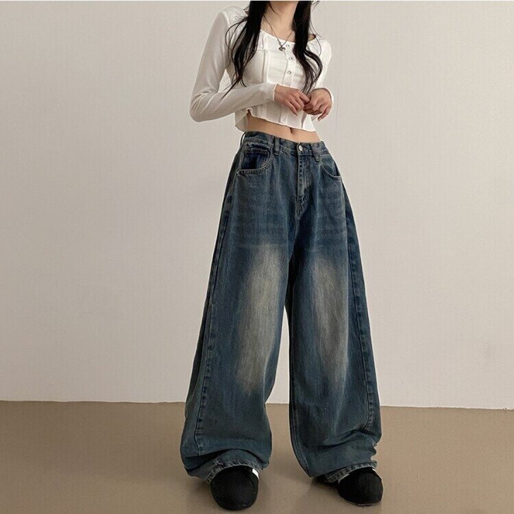 롱숏 선택 가능 맥스 옆핀턱 벌룬 와이드 데님 팬츠 진청