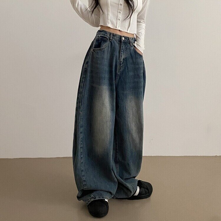 롱숏 선택 가능 맥스 옆핀턱 벌룬 와이드 데님 팬츠 진청