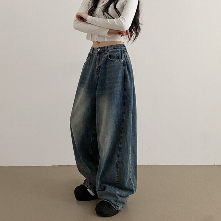 롱숏 선택 가능 맥스 옆핀턱 벌룬 와이드 데님 팬츠 진청