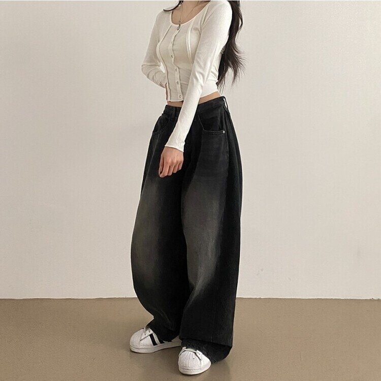 롱숏 선택 가능 맥스 옆핀턱 벌룬 와이드 데님 팬츠 블랙