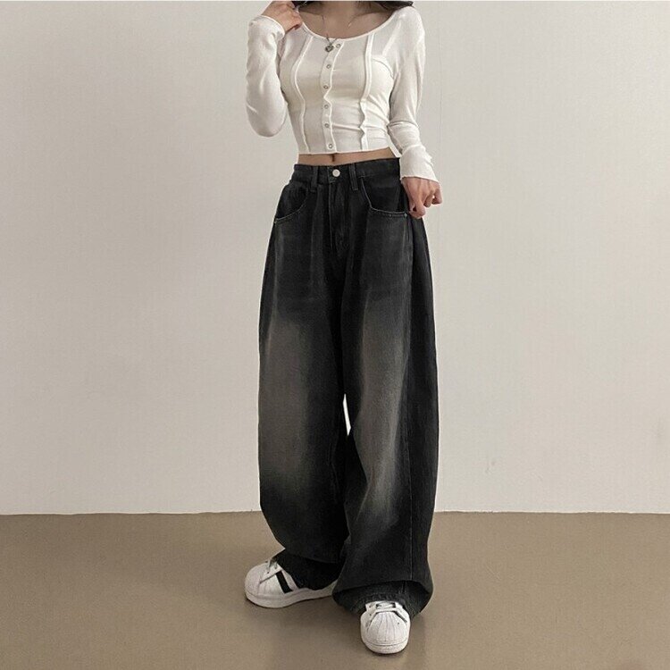 롱숏 선택 가능 맥스 옆핀턱 벌룬 와이드 데님 팬츠 블랙