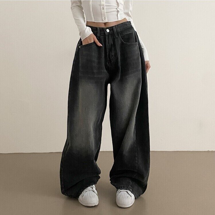 롱숏 선택 가능 맥스 옆핀턱 벌룬 와이드 데님 팬츠 블랙