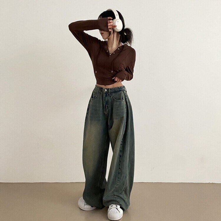 롱숏 선택 가능 맥스 옆핀턱 벌룬 와이드 데님 팬츠 중청