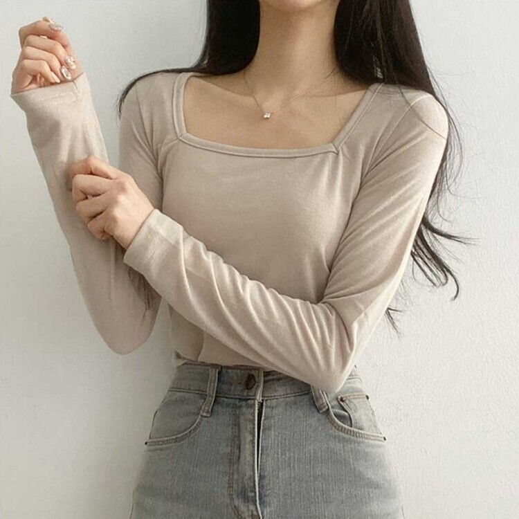 直角肩を演出スクエアネック長袖Tシャツ7色｜長袖Tシャツ｜韓国