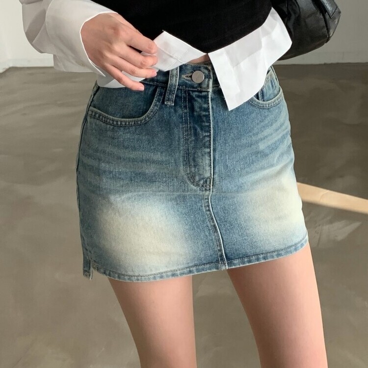 ウォッシングアシンメトリーデニムミニスカート｜ミニスカート