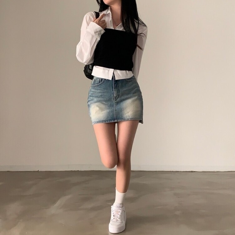 ウォッシングアシンメトリーデニムミニスカート｜ミニスカート